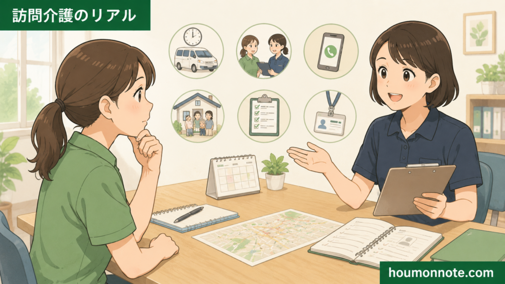 訪問介護の転職で面接や見学時に確認したい条件を相談する場面のイラスト