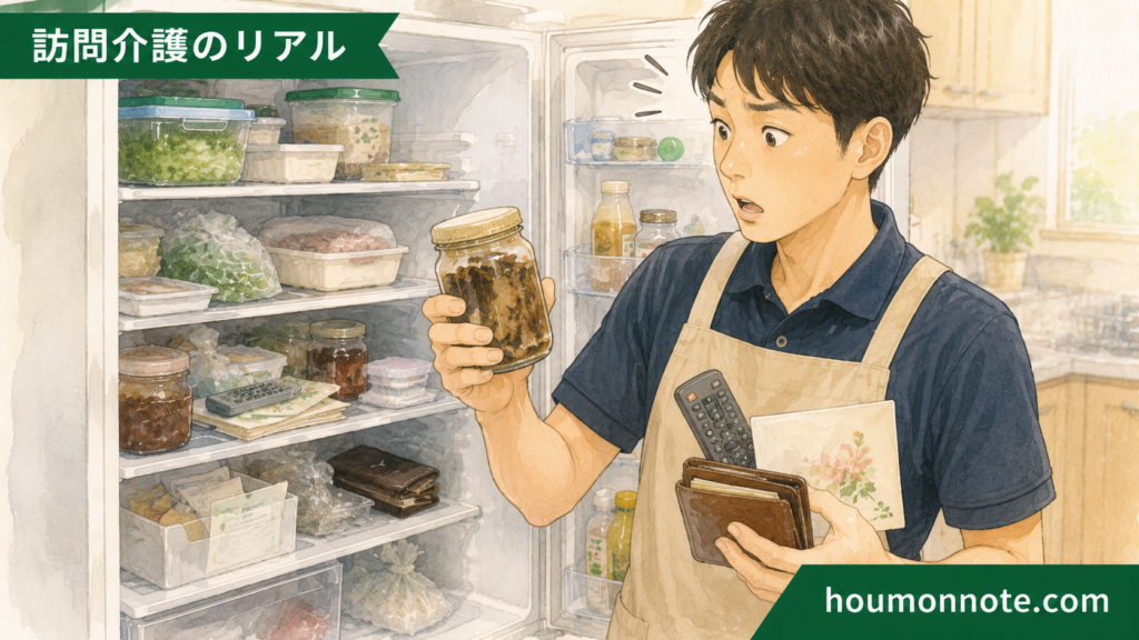 冷蔵庫の中から食品以外の物や古い保存瓶を見つけて驚く男性ヘルパーのイラスト