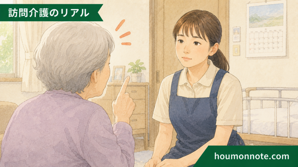 利用者の話を落ち着いて聞きながら感情を抱え込みすぎないよう対応する訪問介護ヘルパーのイラスト
