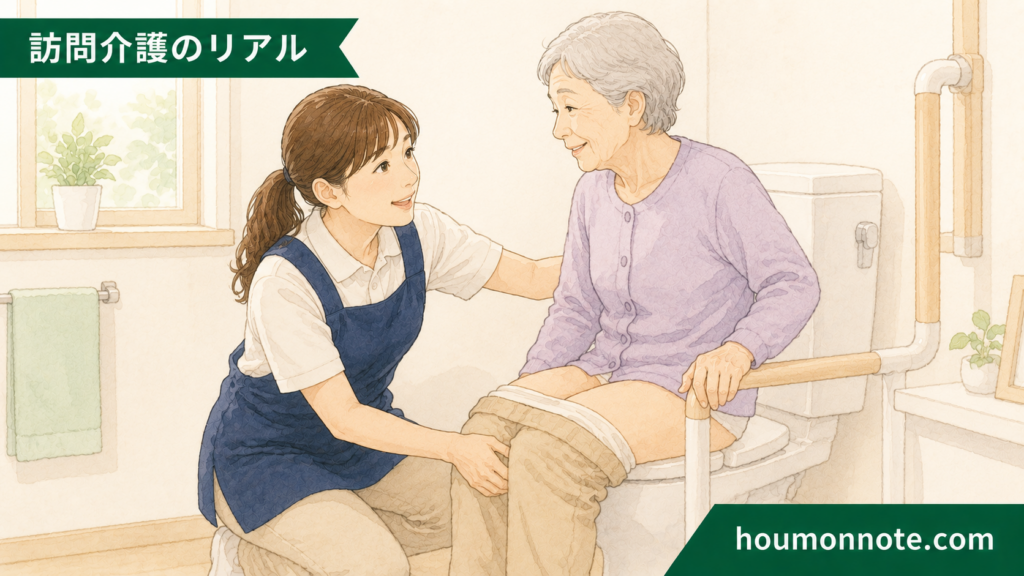 利用者の尊厳に配慮しながら穏やかに声をかけてトイレ介助を行うヘルパーのイラスト