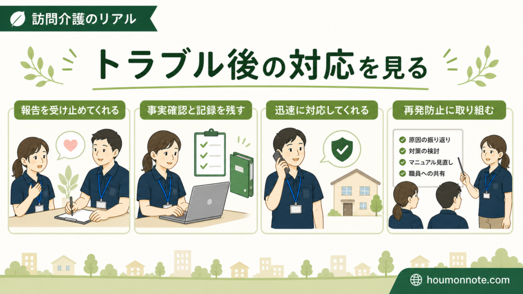 訪問介護でトラブルが起きたあとに報告の受け止め、事実確認と記録、迅速な対応、再発防止を行う流れを示したイラスト