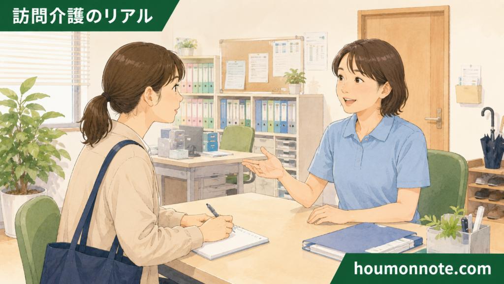 訪問介護事業所の見学中に管理者へフォロー体制や働き方を質問する求職者のイラスト