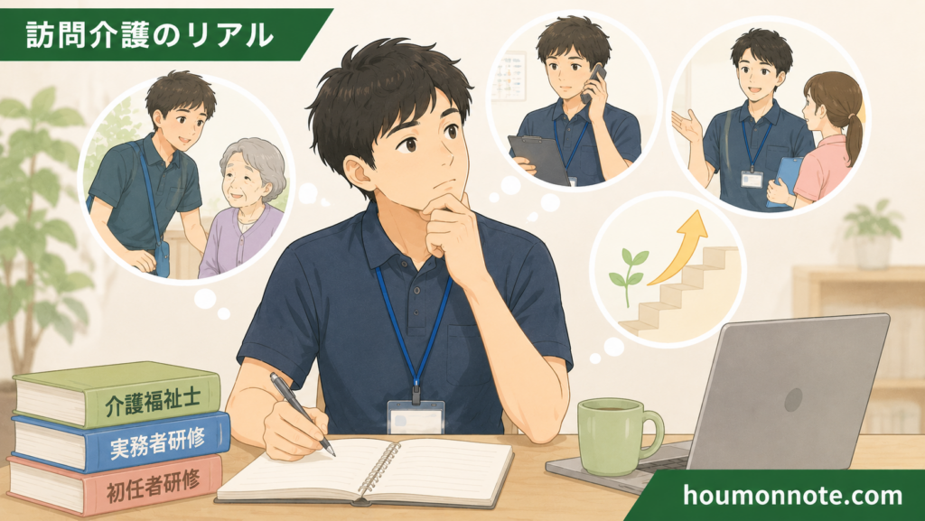 資格取得やサービス提供責任者など収入アップにつながるキャリアを考える男性ヘルパーのイラスト