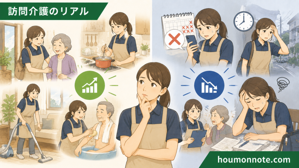 登録ヘルパーの働き方によって収入が安定する場合と消耗しやすい場合を比較するイラスト