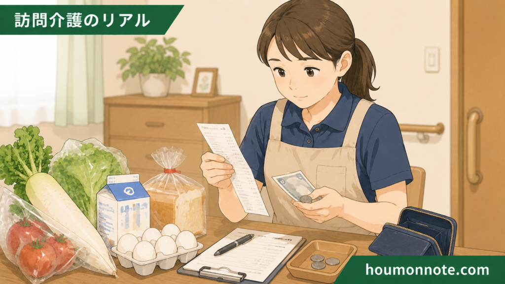 買い物支援後にレシートとお釣りを丁寧に確認する訪問介護ヘルパーのイラスト