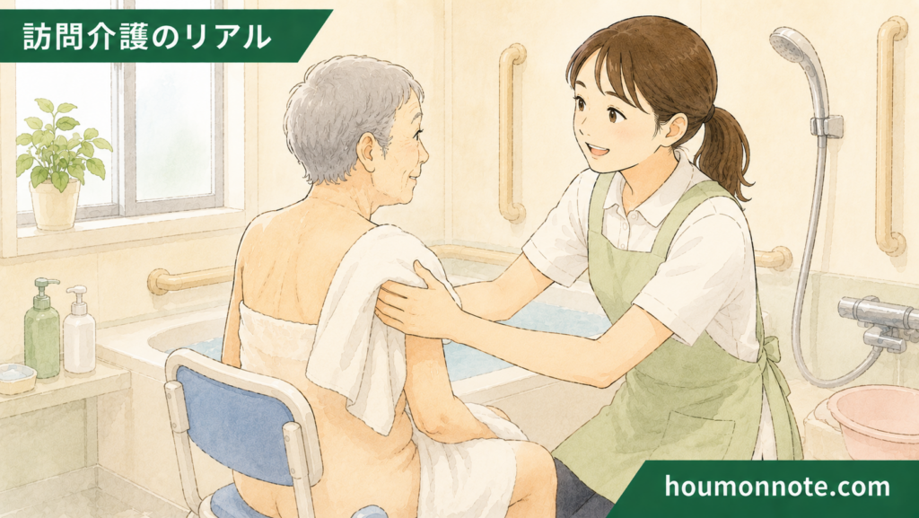 利用者の羞恥心に配慮してタオルをかけながら穏やかに声をかける訪問介護ヘルパーのイラスト