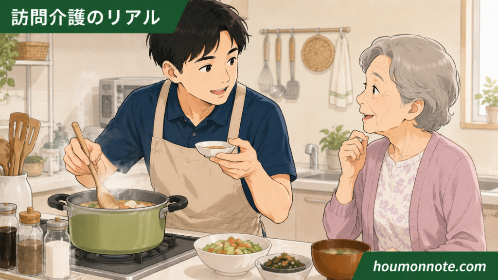 利用者に味付けを確認しながら調理支援を進める訪問介護の男性ヘルパーのイラスト