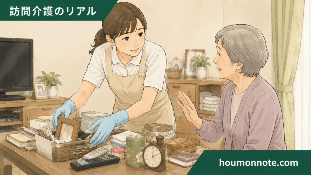 利用者に確認しながら卓上の物を動かそうとする訪問介護ヘルパーのイラスト