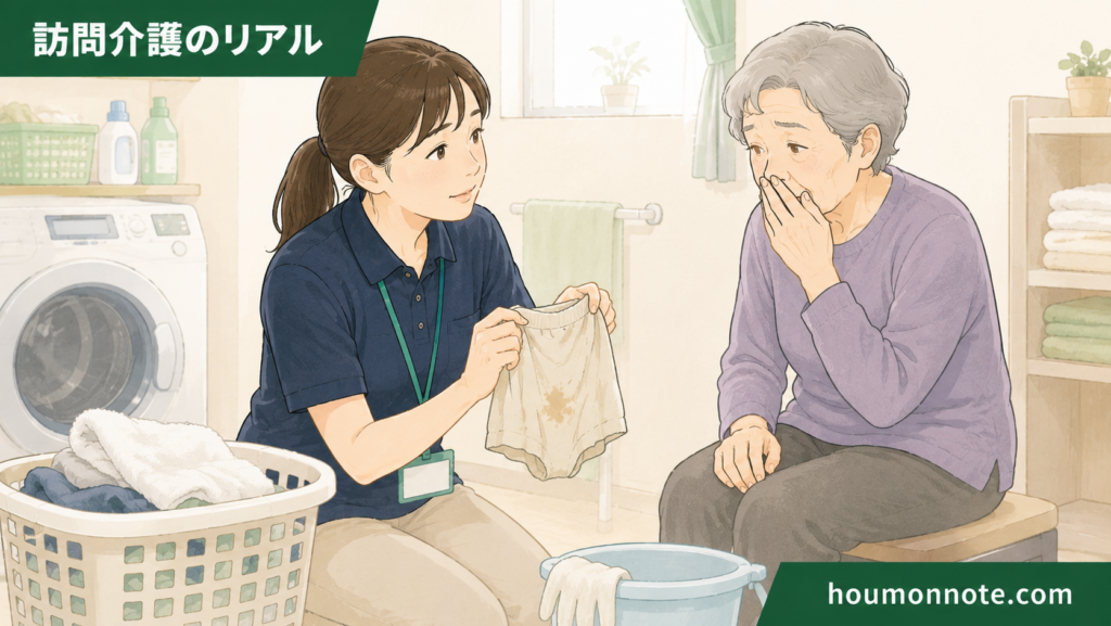 汚染衣類の扱いに配慮しながら利用者に落ち着いて声をかける訪問介護ヘルパーのイラスト