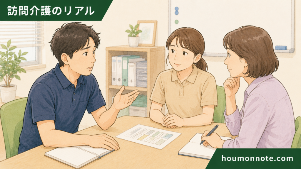 生活援助の線引きについて、事業所内でサ責や管理者に相談する男性ヘルパーのイラスト