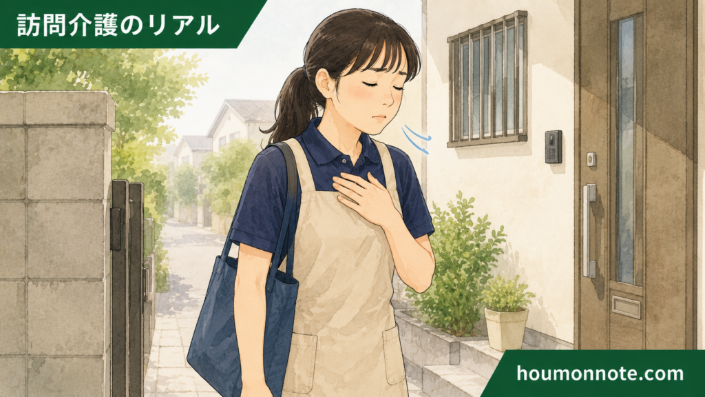利用者宅の玄関前で緊張しながら深呼吸をし、訪問に入ろうとする女性ヘルパーのイラスト