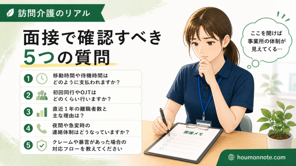 訪問介護の面接で移動時間、初回同行、離職理由、急変時対応、クレーム対応について確認するイラスト