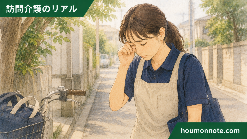訪問を終えた帰り道で、利用者さんの言葉を引きずり涙ぐむ女性ヘルパーのイラスト