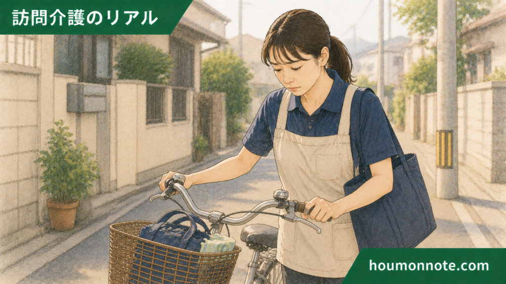 気が重い利用者宅へ向かう途中、自転車を押しながら沈んだ表情を見せる女性ヘルパーのイラスト