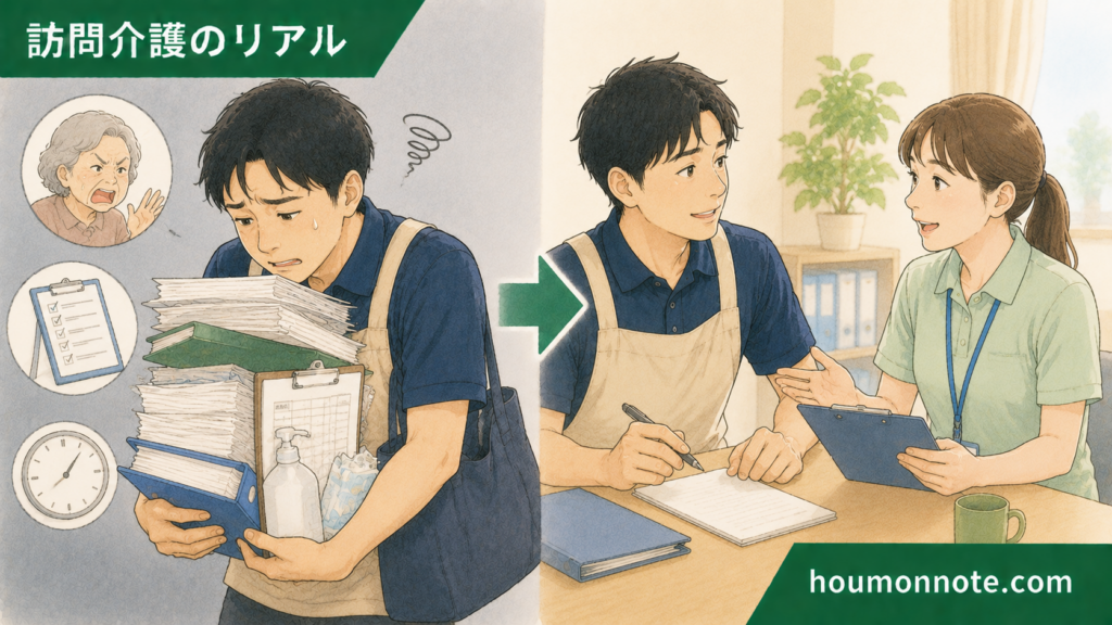 抱え込みすぎて疲れる男性ヘルパーと、事業所に相談して負担を整理する場面を対比したイラスト