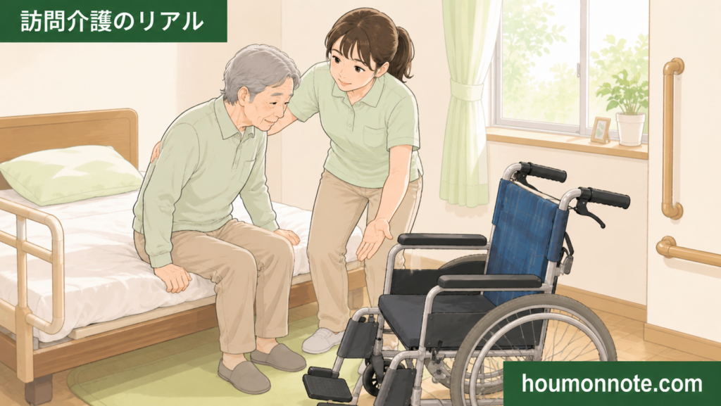 利用者さんの状態を見ながら、ベッドから車椅子への移乗介助を安全に進めようとする女性ヘルパーのイラスト