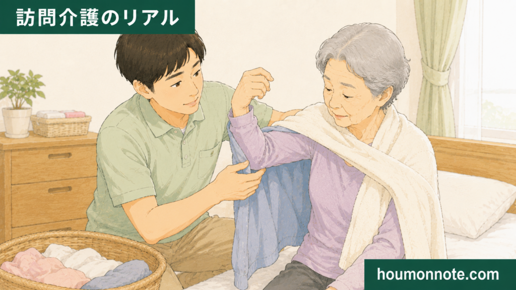 利用者さんの動きに合わせて無理に引っ張らず、丁寧に上着を着せる男性ヘルパーのイラスト