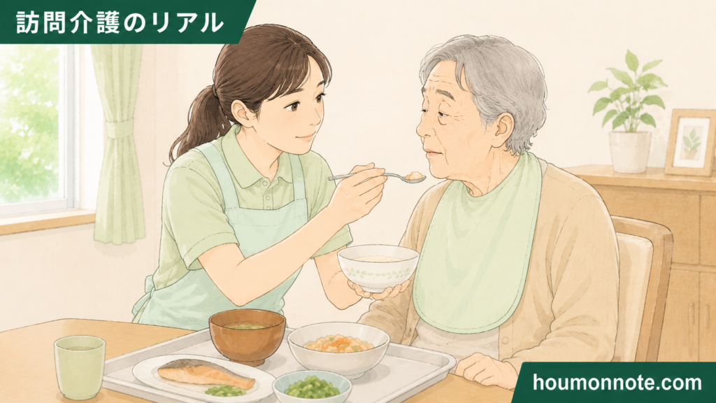 高齢利用者のペースに合わせて、急がず安全に食事介助を進める女性ヘルパーのイラスト