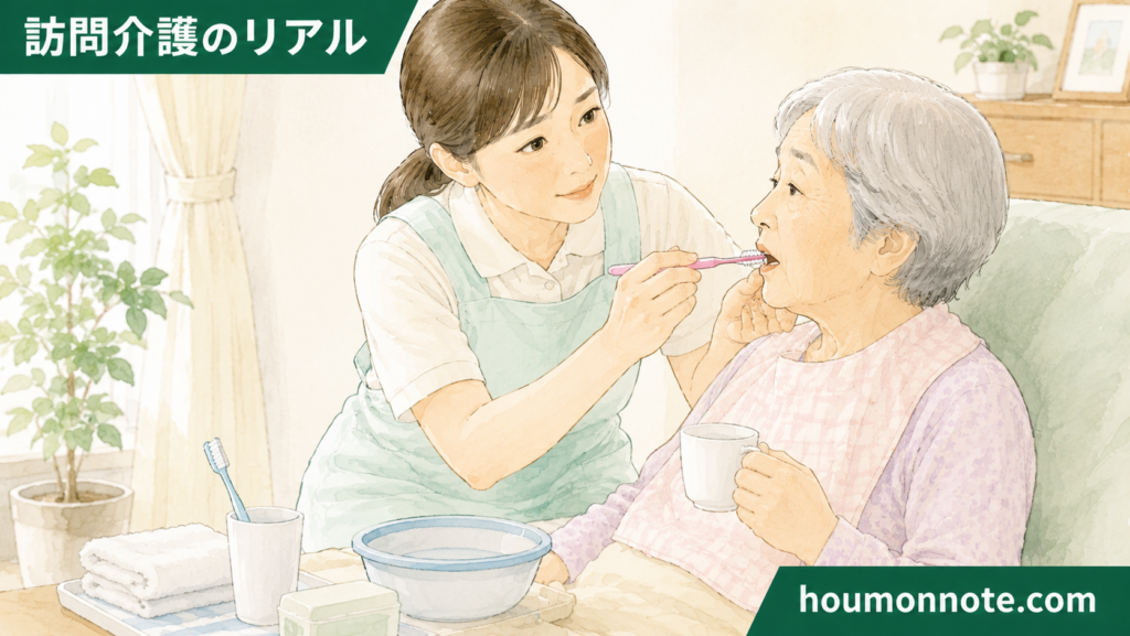 高齢利用者の口元に配慮しながら、姿勢を整えてやさしく口腔ケアを行う女性ヘルパーのイラスト