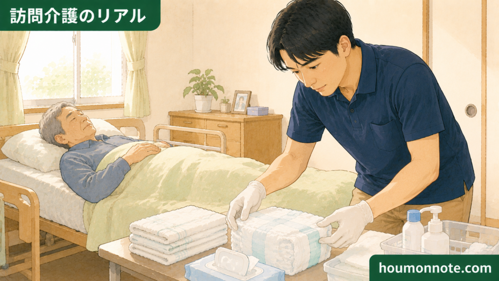 高齢男性利用者が休むベッド横で、おむつ交換に必要な物品を丁寧に準備する男性ヘルパーのイラスト