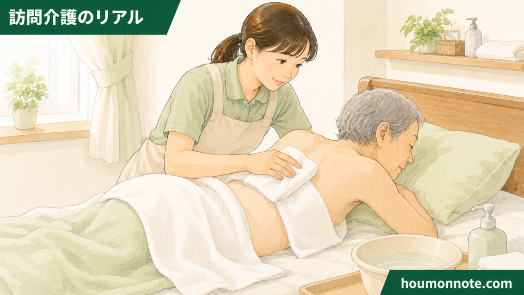 高齢女性利用者の背中を、露出や寒さに配慮しながら丁寧に清拭する女性ヘルパーのイラスト