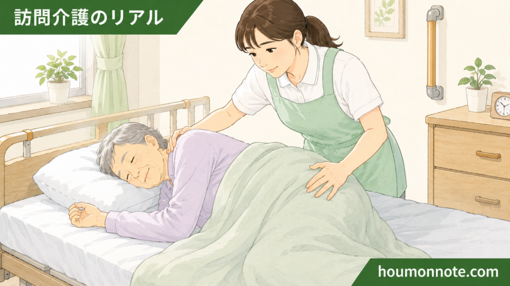 高齢女性利用者の身体を無理に引っ張らず、肩や腰を支えながら横向き姿勢を整える女性ヘルパーのイラスト