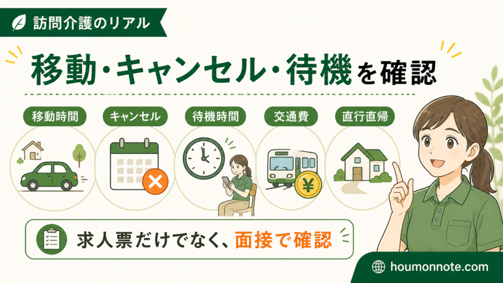 訪問介護の求人で移動時間、キャンセル、待機時間、交通費、直行直帰の扱いを確認するイラスト