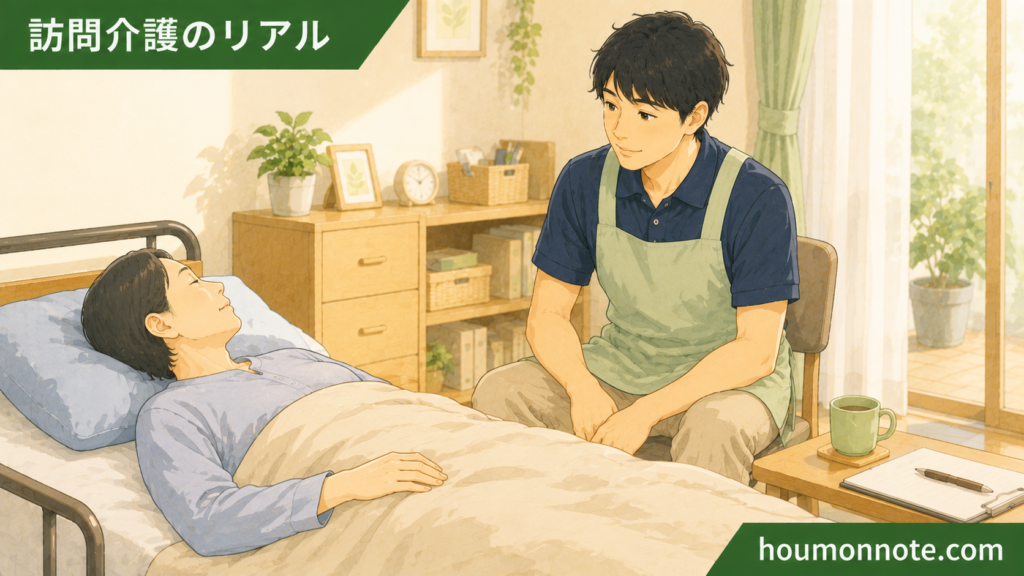 重度訪問介護で、ベッド上の利用者さんの生活に寄り添いながら見守る男性ヘルパーのイラスト