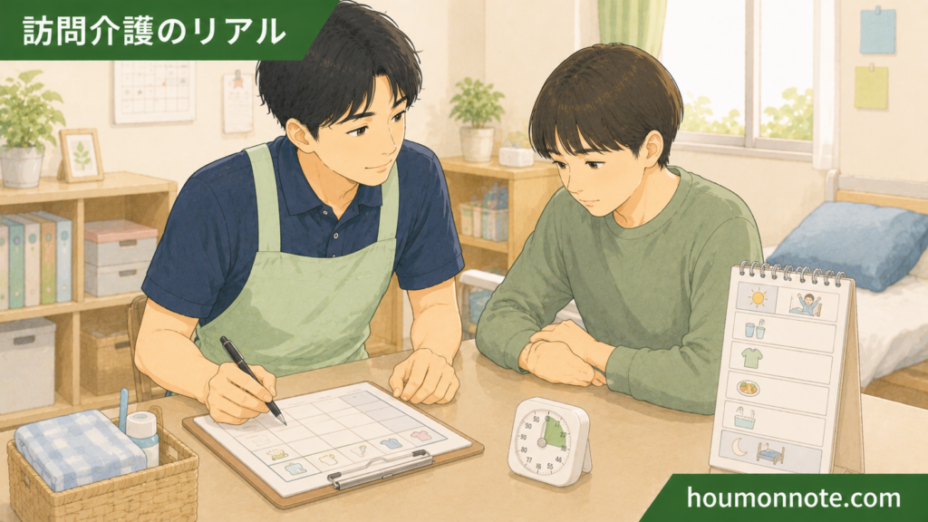障害特性に配慮しながら、予定表を使って利用者さんと生活の流れを確認する男性ヘルパーのイラスト