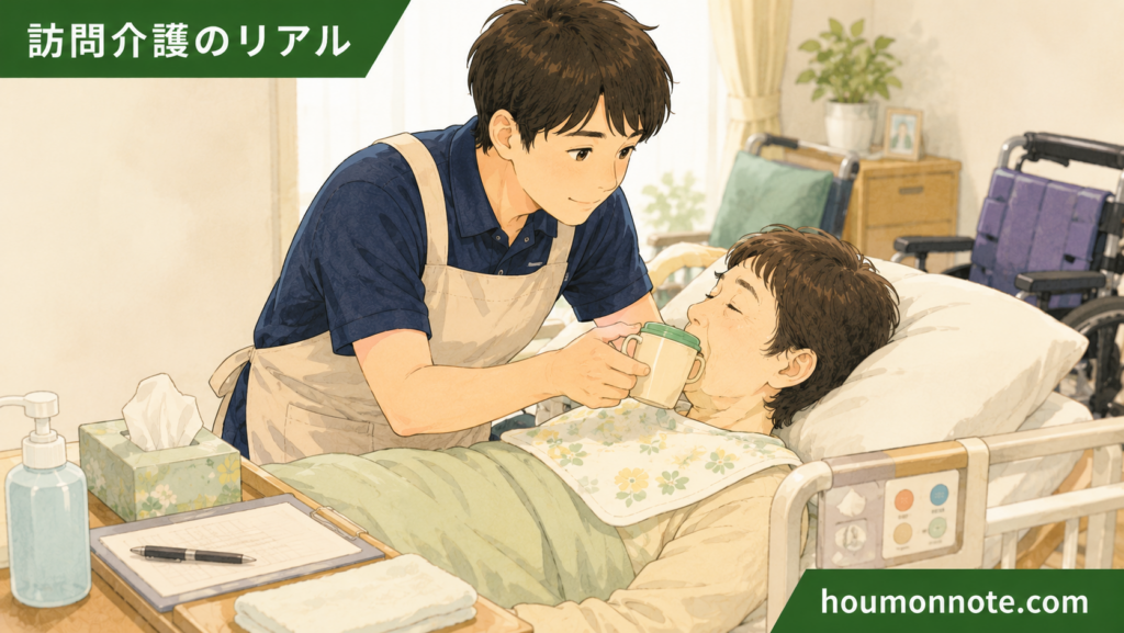 重度訪問介護で、ベッド上の利用者さんに水分補給を支援しながら、身体状況を確認する男性ヘルパーのイラスト
