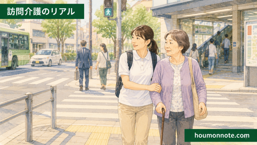 移動支援で、横断歩道や駅前の人通りに注意しながら利用者さんの外出を支えるヘルパーのイラスト