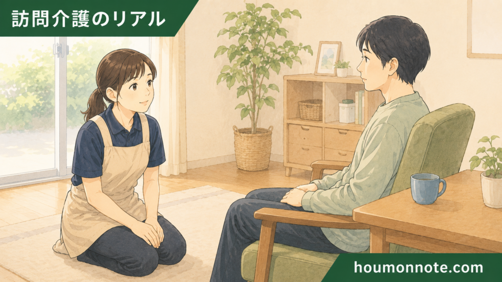障害福祉の現場で、利用者さんのペースを急かさずに落ち着いて関わる女性ヘルパーのイラスト