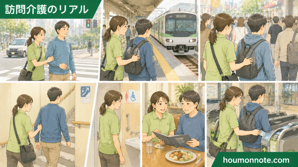 移動支援で注意が必要な横断歩道、駅ホーム、人混み、階段、トイレ、外食、改札などの場面をまとめたイラスト