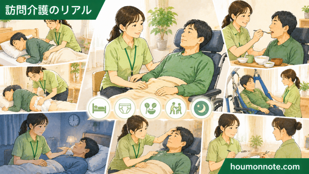 重度訪問介護で行う体位変換、見守り、食事介助、移乗、夜間支援、申し送りなどの支援場面をまとめたイラスト