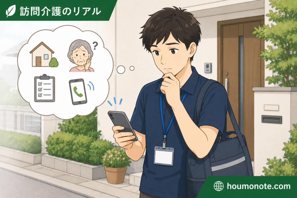未経験の男性ヘルパーが一人訪問前に不安を感じながらスマホで確認しているイラスト