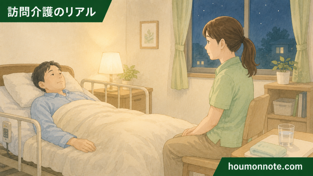 重度訪問介護の長時間支援で利用者の様子を落ち着いて見守るヘルパーのイラスト