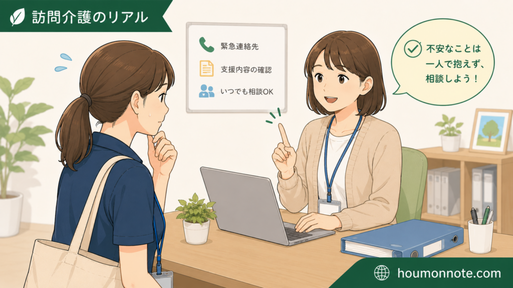 一人訪問前に不安なことを事業所へ相談している女性ヘルパーのイラスト