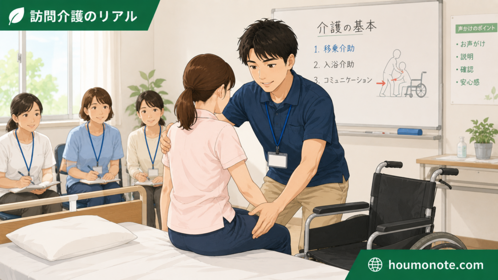 初任者研修の実技で、移乗介助や声かけの基本を学ぶ介護職のイラスト