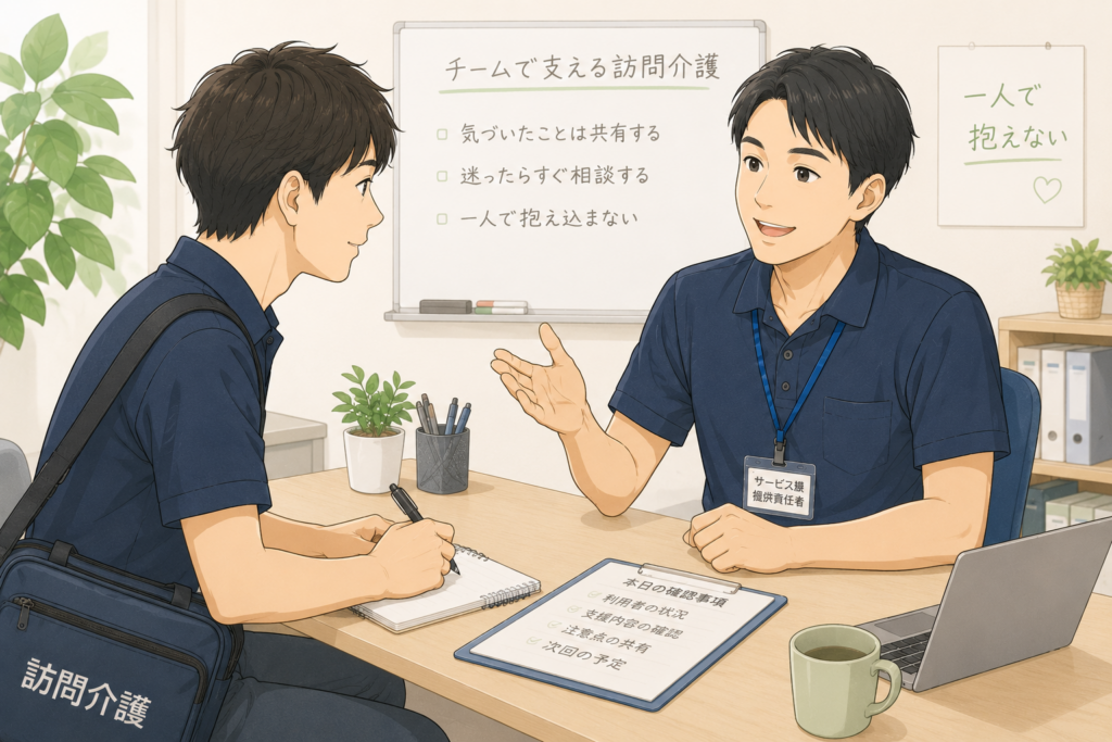 訪問介護事業所で男性ヘルパーがサ責に相談し、働き方や支援体制を確認しているイラスト