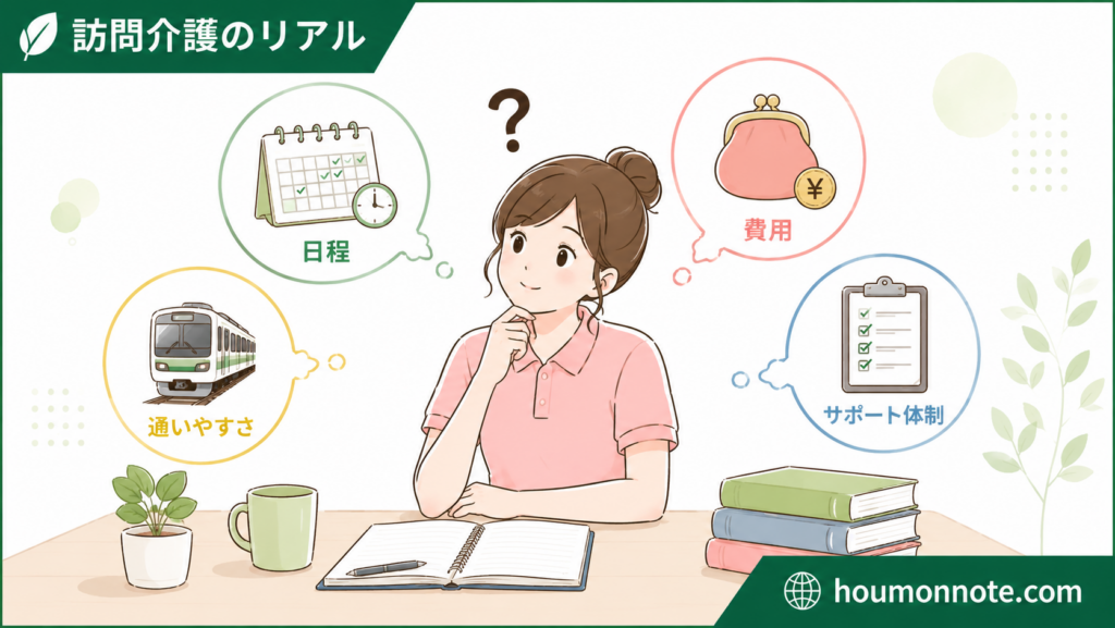 実務者研修を働きながら受講するために、日程や費用、サポート体制を確認している女性介護職のイラスト