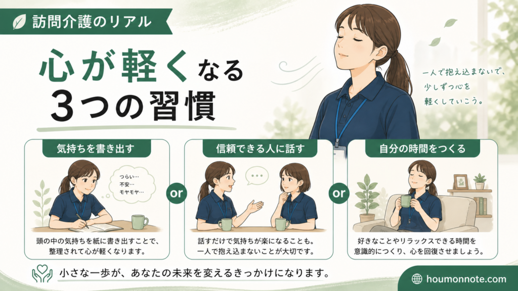 訪問介護を辞めたいと思った時に気持ちを書き出し相談して心を軽くする方法を示したイラスト