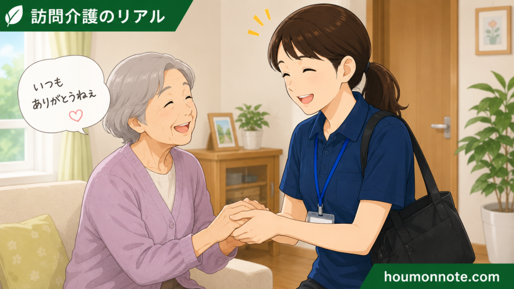 利用者からのありがとうに励まされる訪問介護ヘルパーのイラスト