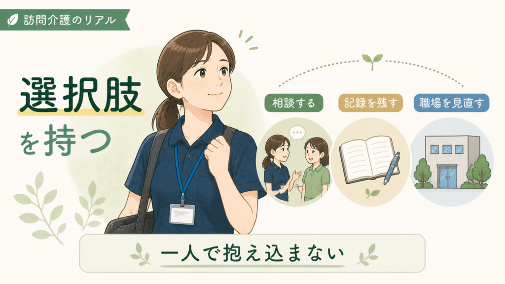 訪問介護で悩むヘルパーが相談、記録、職場の見直しという選択肢を持って前向きになるイラスト