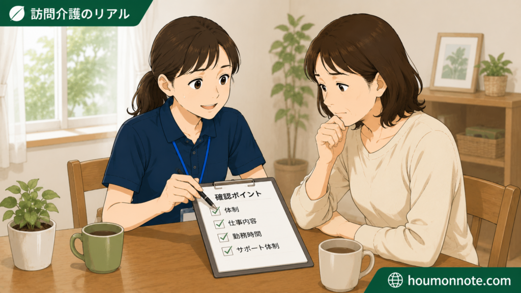 家族対応について確認ポイントを整理しながら、利用者家族と話し合う訪問介護ヘルパーのイラスト