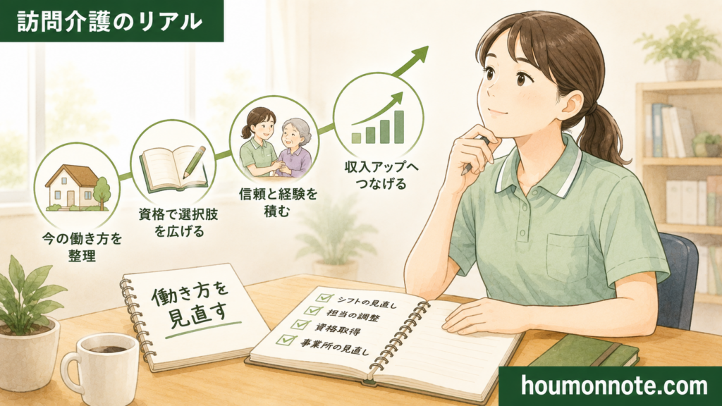訪問介護で収入を上げるために、資格や働き方、事業所選びを見直す介護職のイラスト
