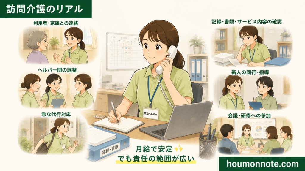 常勤ヘルパーの収入の安定とサービス以外の責任の広さを表したイラスト