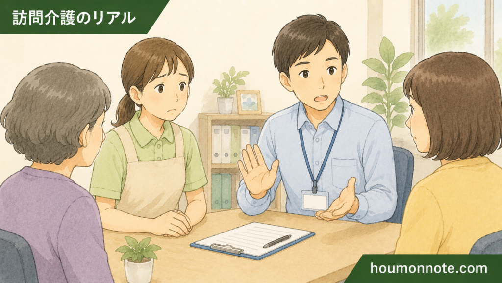 事業所職員が家族対応の間に入り訪問介護ヘルパーを支える場面のイラスト