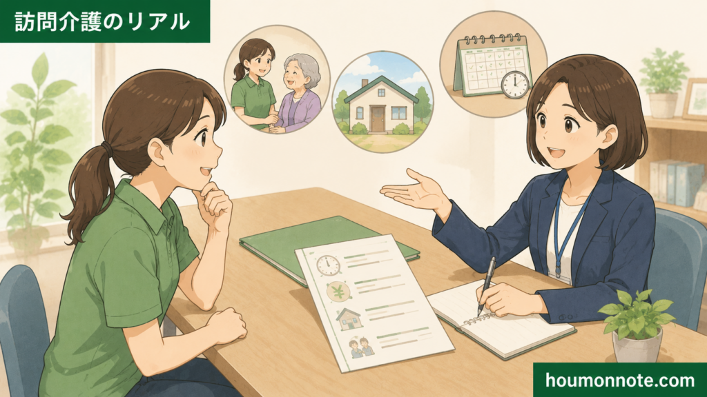 転職サービスを活用しながら希望条件や働き方を整理する介護職のイラスト
