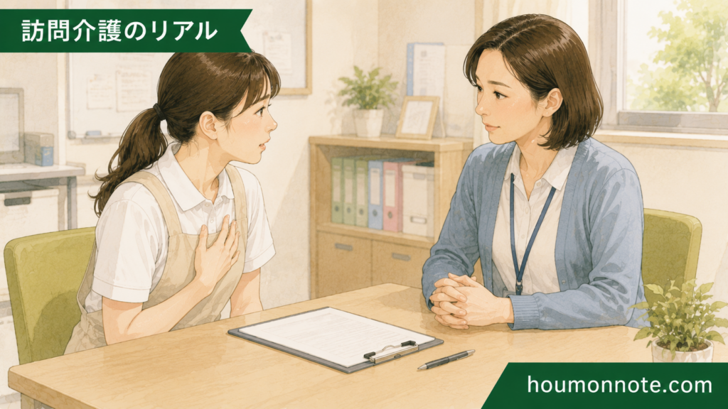 においの負担について事業所職員へ相談する訪問介護ヘルパーのイラスト