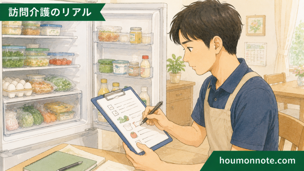 冷蔵庫の中身を確認しながら食材状況を記録する男性ヘルパーのイラスト